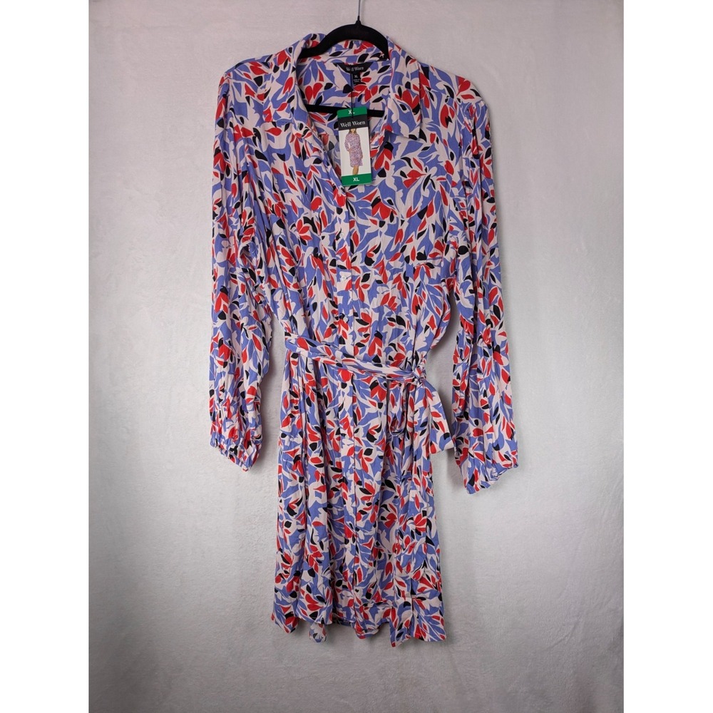 Well Worn Shirt Dress XL Blue Red Abstract Leaf Print Tie Waist Office Bohemian - Picture 8 of 10